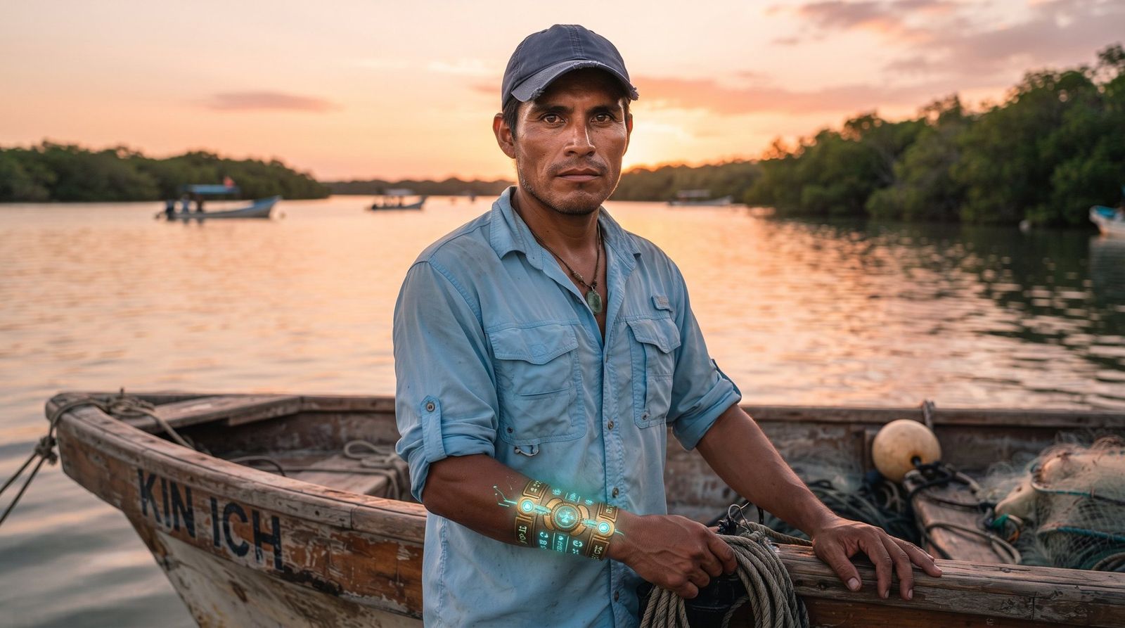 Jacinto Pech Canché en su lancha, en la bahía de Chetumal