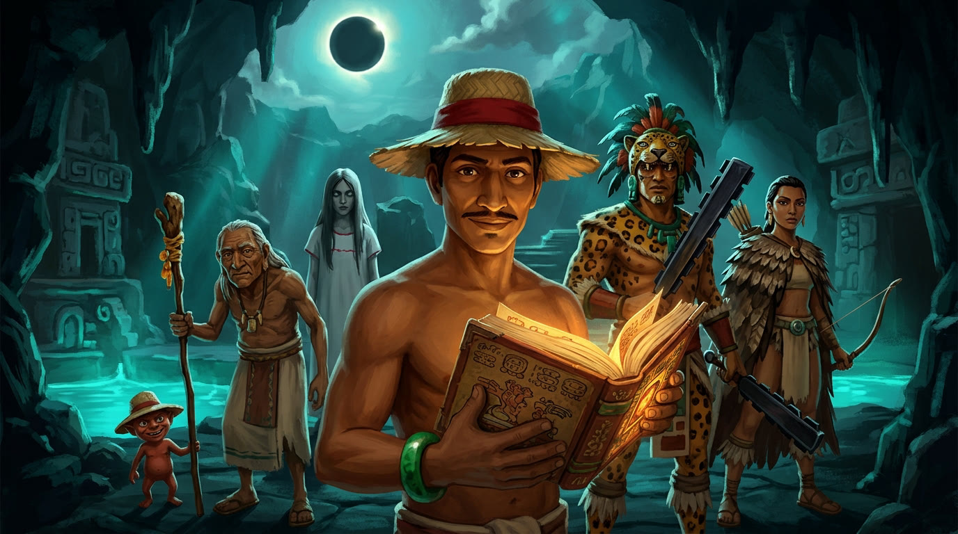 Jacinto con el códice abierto y, detrás, el Chamán, el Alux, la Xtabay, el Guerrero Jaguar y la Cazadora Águila bajo el Sol Negro